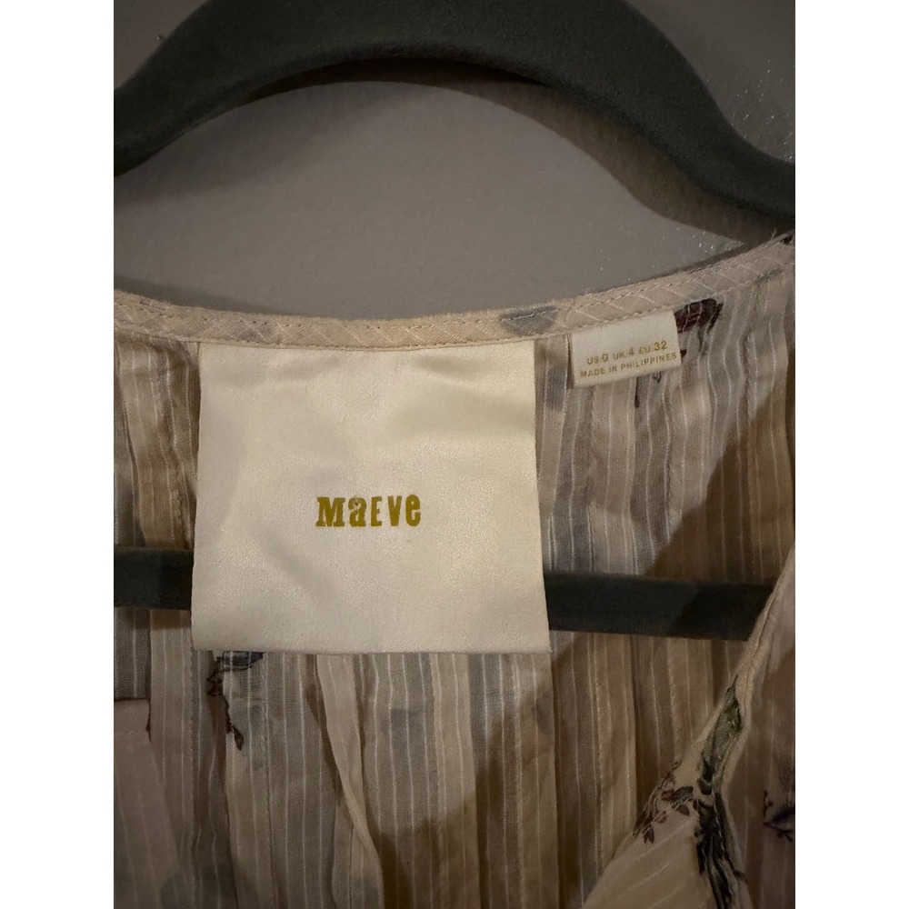 Maeve Anthropologie Floral Striped V-Neck Blouse Cream Short Sleeve Pleated Sz 0 - Picture 3 of 6